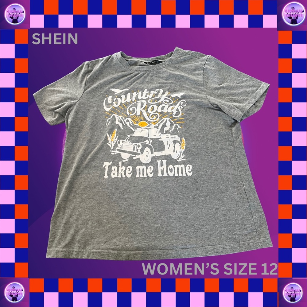 Grey graphic tee with "Country Roads Take Me Home" design